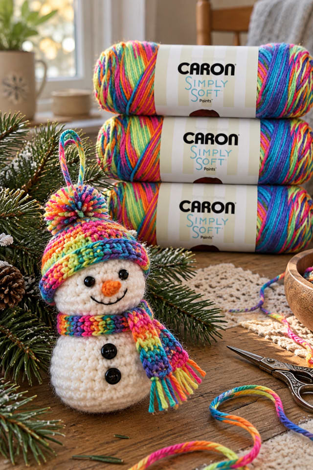 Crochet Snowman Christmas Craft | Rainbow Craft Yarn for Small Ornament Projects maker-lifestyle pin