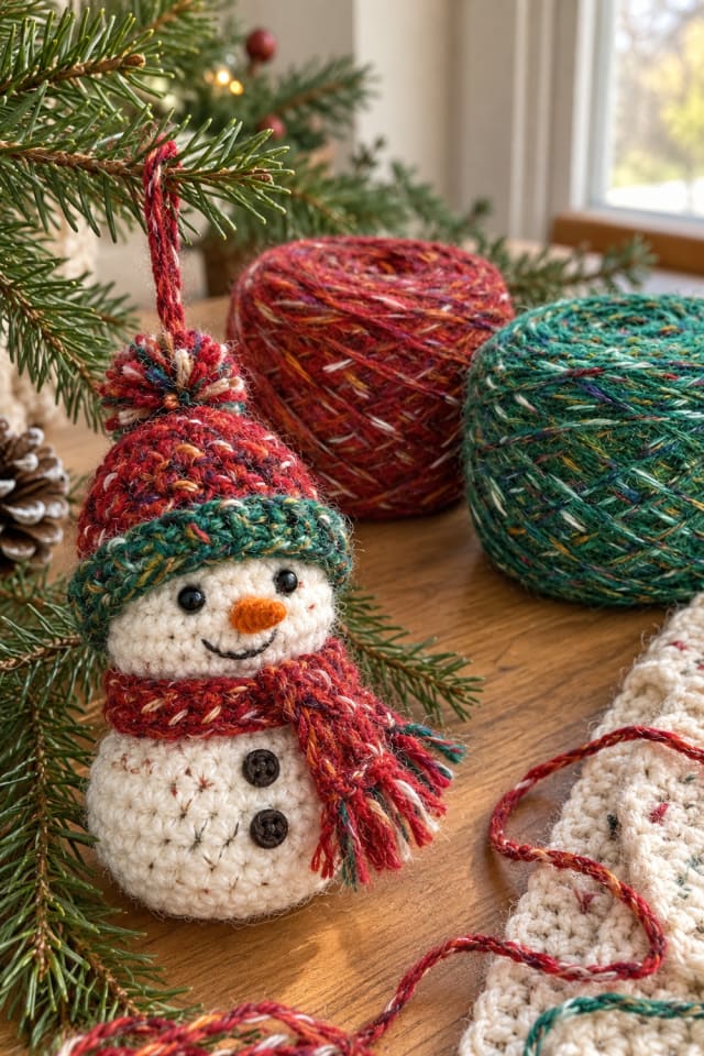 Crochet Snowman Tree Ornament | Red Wool Craft Yarn for Modern Holiday Decor maker-lifestyle pin