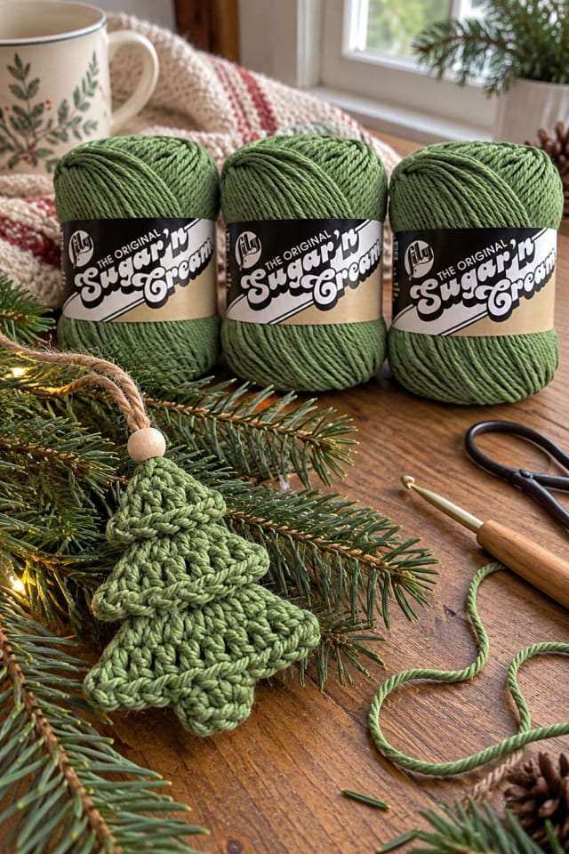 Crochet Christmas Tree Ornament | Green Cotton Craft Yarn for Tree and Gift Accents maker-lifestyle pin