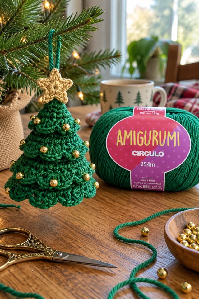 Crochet Christmas Tree Ornament | Green Cotton Craft Yarn for Handmade Christmas Projects maker-lifestyle pin