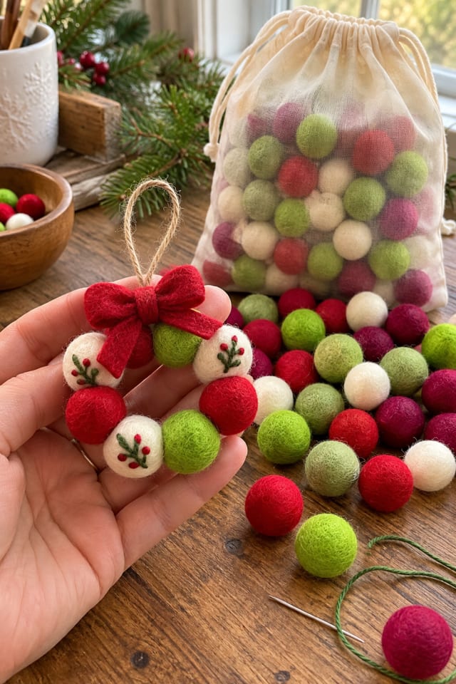 Hand-Sewn Felt Christmas Ornament | Red Wool Felt Balls for Handmade Christmas Projects maker-lifestyle pin