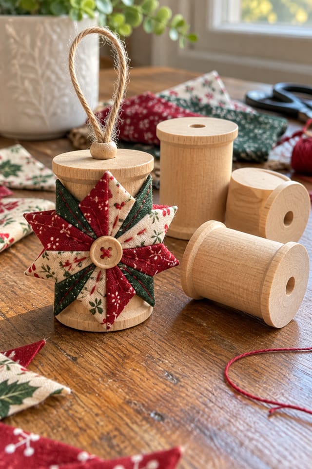 Fabric Star Christmas Ornament | Natural Wooden Thread Spool for Christmas Craft Night maker-lifestyle pin