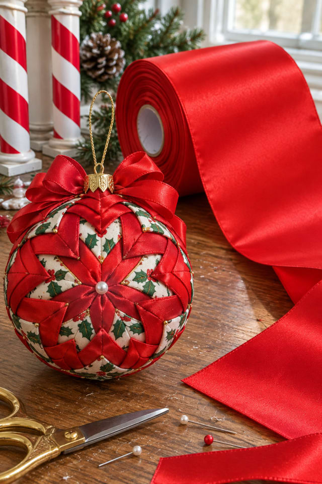 Fabric Christmas Tree Craft | Red Satin Craft Ribbon for a Festive Craft Table maker-lifestyle pin