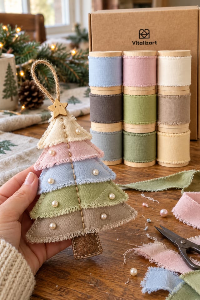 Quilted Christmas Tree Ornament | Pastel Cotton Craft Ribbon for Christmas Gift Making maker-lifestyle pin