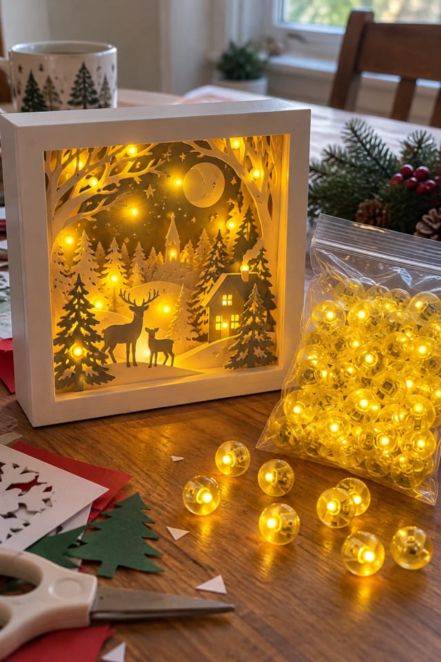 Layered Holiday Shadow Box | Yellow Paper Battery Craft Lights for a Festive Craft Table maker-lifestyle pin