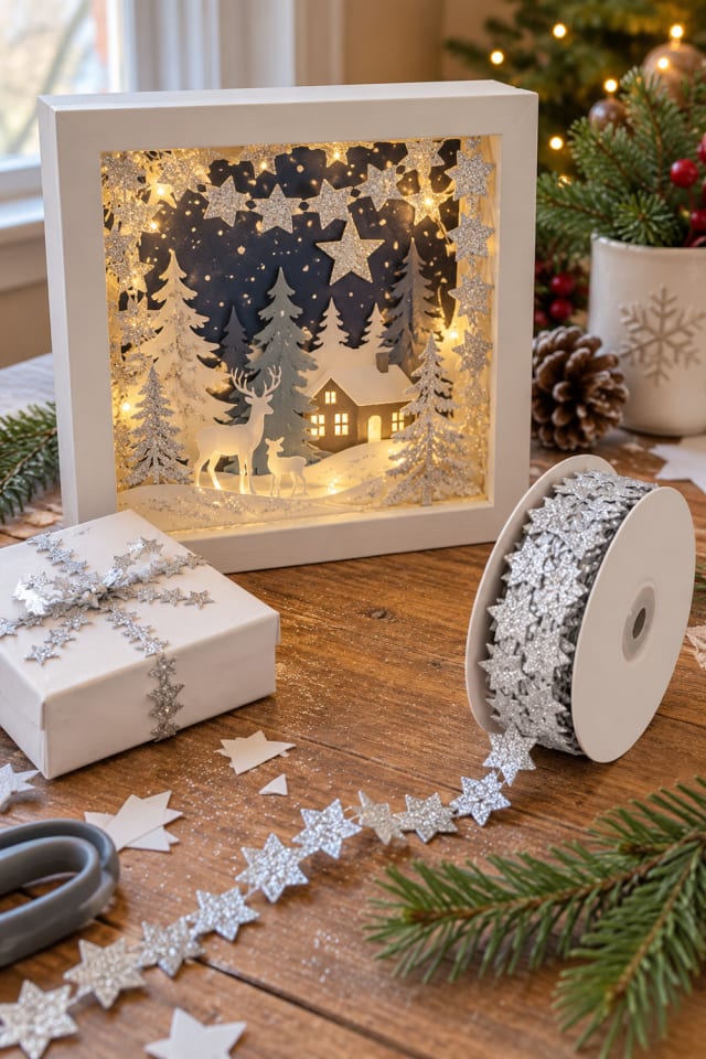 Layered Holiday Shadow Box | Silver Decorative Star Ribbon for Winter Crafting maker-lifestyle pin