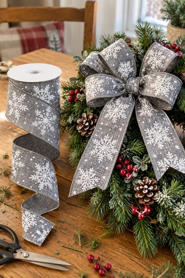 Christmas Ribbon Wreath Accent | White Wired Craft Ribbon for a Festive Craft Table maker-lifestyle pin