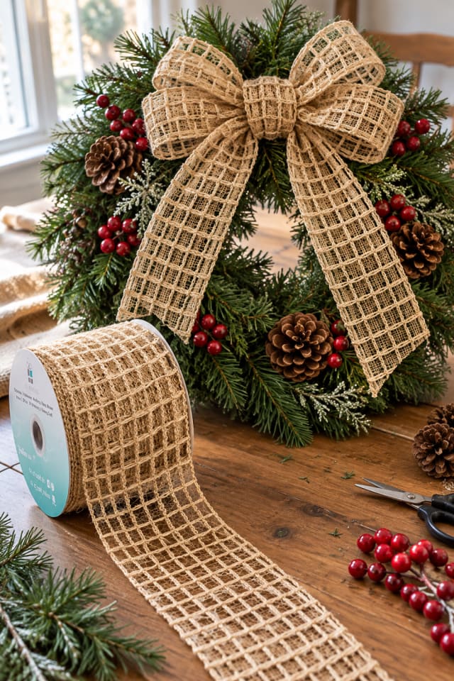 Christmas Wreath Ribbon Bow | Natural Burlap Wired Craft Ribbon for Tree and Gift Accents maker-lifestyle pin