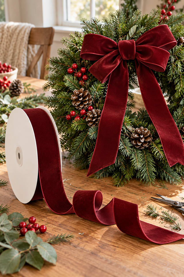 Holiday Wreath Bow DIY | Velvet Wired Craft Ribbon for Holiday Home Decor maker-lifestyle pin