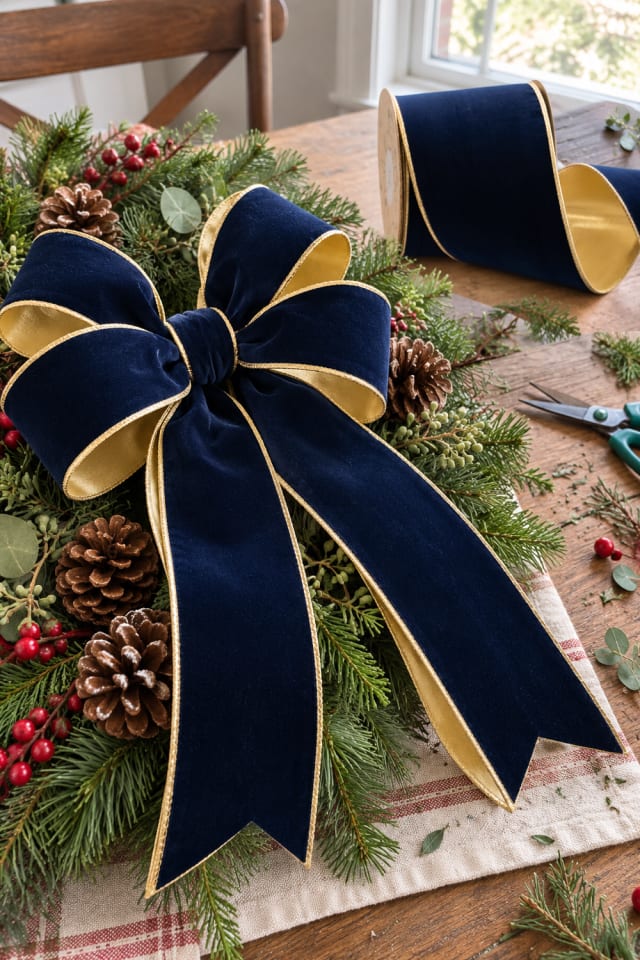 Christmas Ribbon Wreath Accent | Blue Velvet Wired Craft Ribbon for Small Ornament Projects maker-lifestyle pin