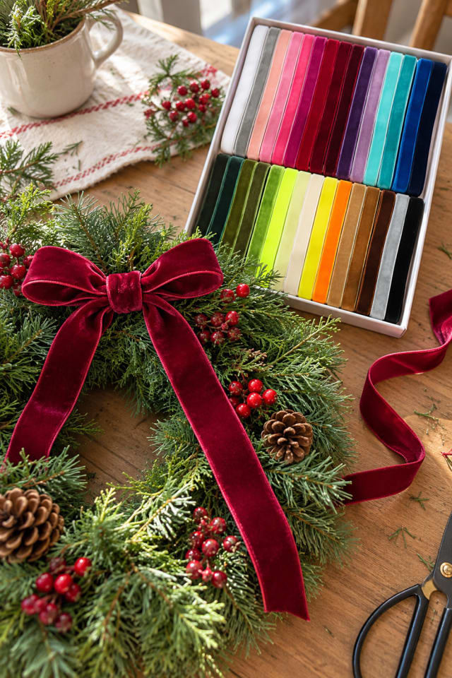 Christmas Ribbon Wreath Accent | Velvet Wired Craft Ribbon for Colorful Holiday Crafts maker-lifestyle pin