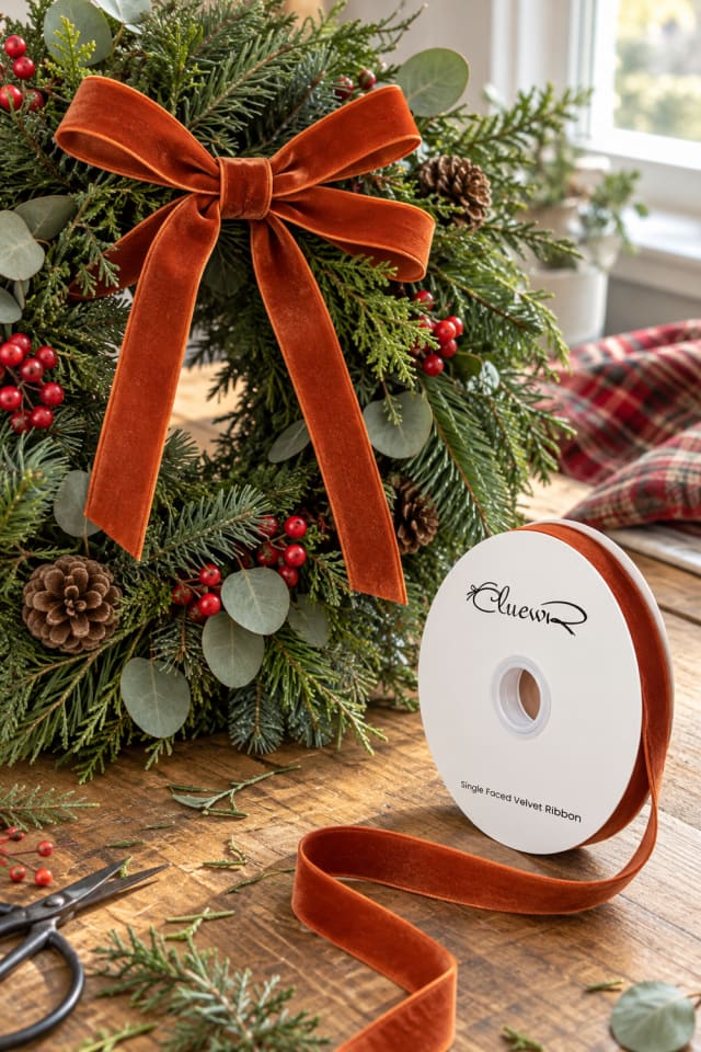 Christmas Wreath Ribbon Bow | Orange Velvet Wired Craft Ribbon for Traditional Christmas Crafts maker-lifestyle pin