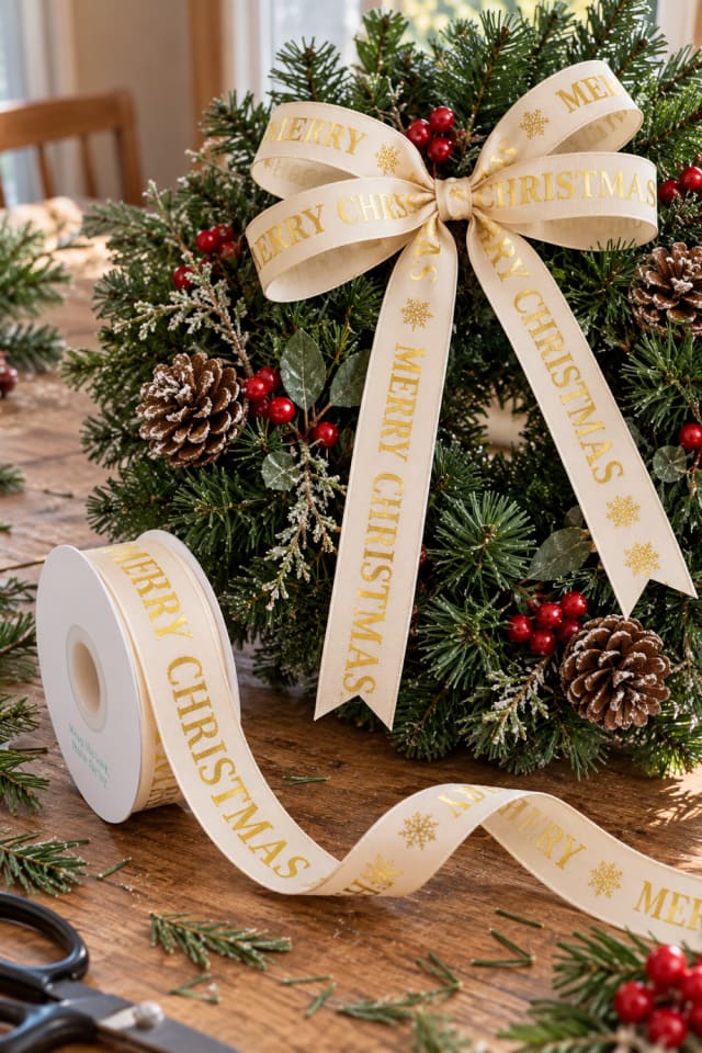 Christmas Ribbon Wreath Accent | Gold Wired Craft Ribbon for Handmade Holiday Gifts maker-lifestyle pin