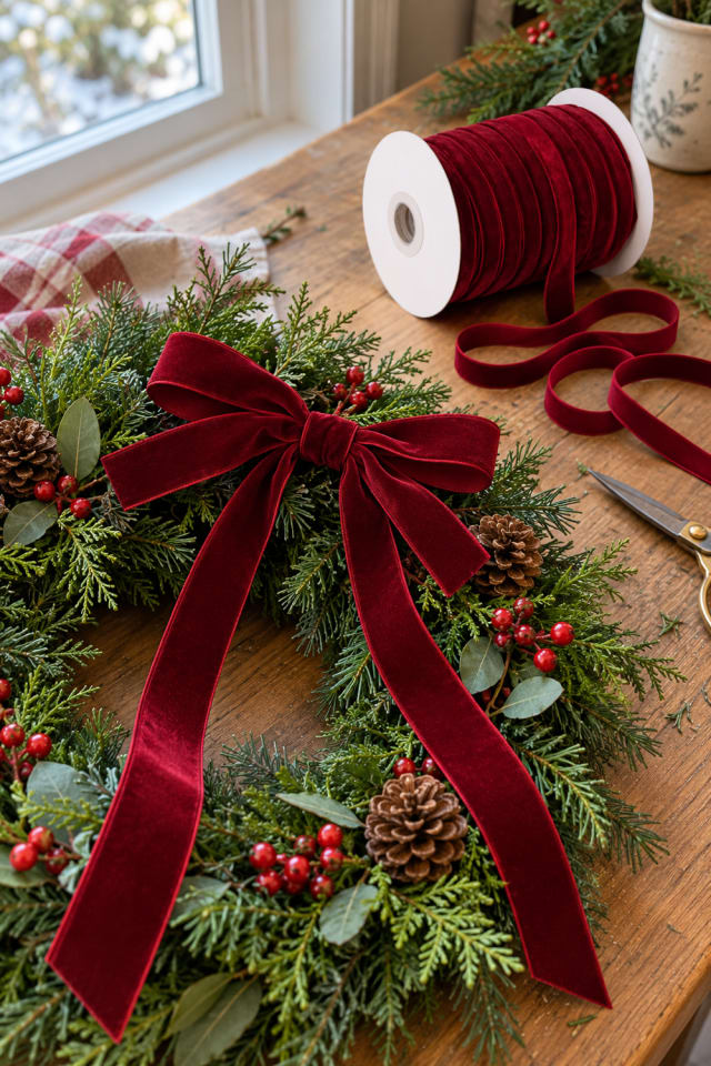 Christmas Wreath Ribbon Bow | Velvet Wired Craft Ribbon for Personal Christmas Decor maker-lifestyle pin