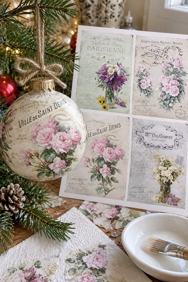 Christmas Decoupage Ornament | Floral Decoupage Paper for Handmade Holiday Decor maker-lifestyle pin