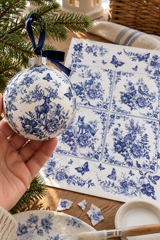 Christmas Decoupage Ornament | Blue Decoupage Paper for Tree and Gift Accents maker-lifestyle pin
