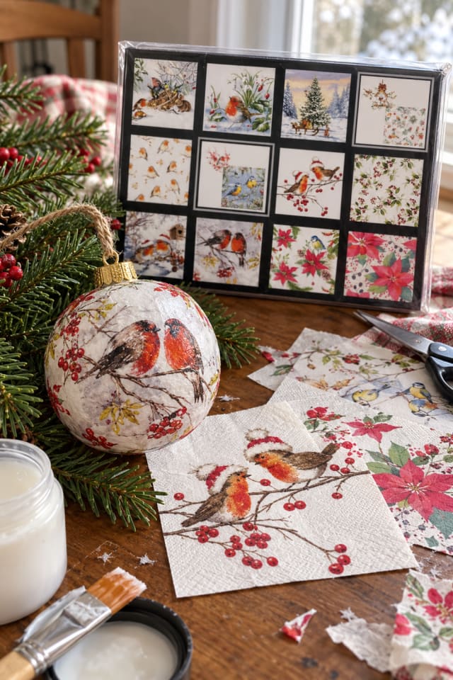 Paper-Covered Holiday Ornament | Red Decoupage Paper for DIY Holiday Decor maker-lifestyle pin