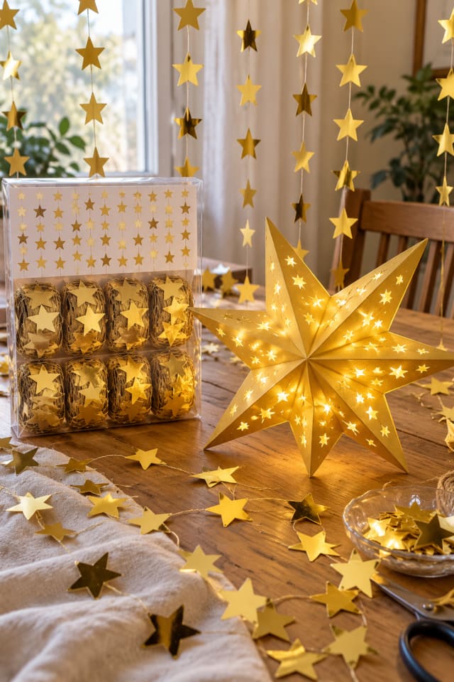 Light-Up Birthday Paper Display | Gold Paper Star Garland for Celebration Table Decor maker-lifestyle pin