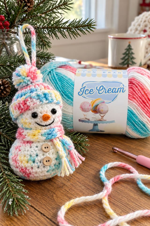 Crochet Snowman Tree Ornament | Cream Craft Yarn for Christmas Craft Night maker-lifestyle pin
