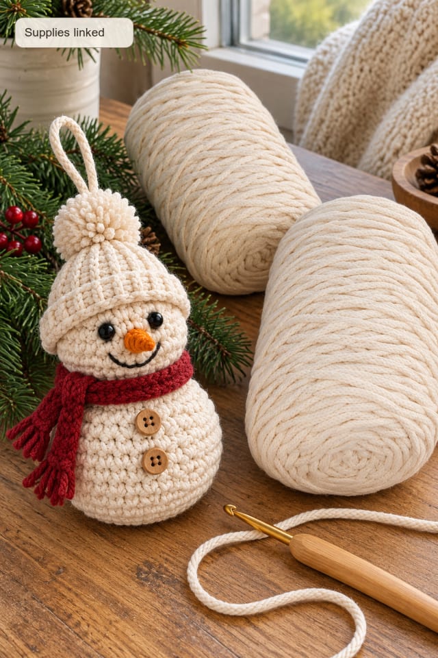 Crochet Snowman Tree Ornament | Beige Cotton Craft Yarn for Seasonal Maker Projects maker-lifestyle pin