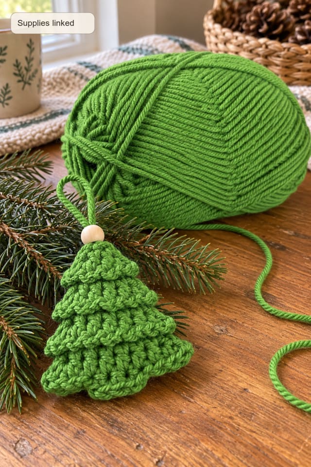 Crochet Christmas Tree Ornament | Green Acrylic Craft Yarn for Tree and Gift Accents maker-lifestyle pin