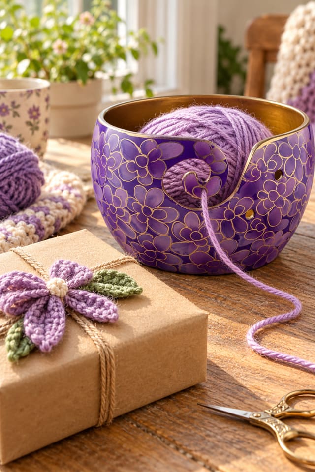 Crochet Package Embellishment | Purple Yarn Bowl for Christmas Craft Night maker-lifestyle pin