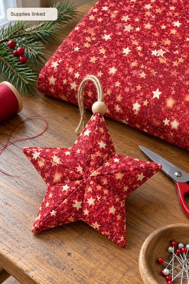 Quilted Star Ornament DIY | Red Cotton Quilting Supply for Tree and Gift Accents maker-lifestyle pin