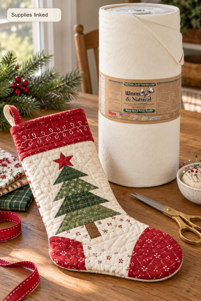 Handmade Christmas Stocking | Natural Cotton Quilt Batting for Handmade Holiday Decor maker-lifestyle pin