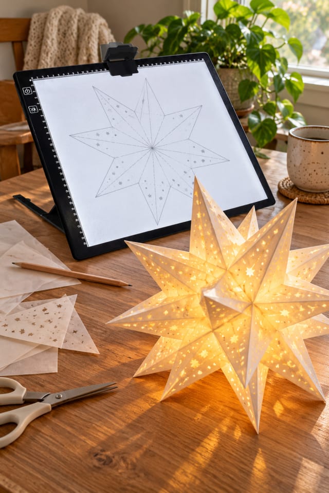 Folded Paper Star Craft | Battery Craft Lights for a Festive Craft Table maker-lifestyle pin