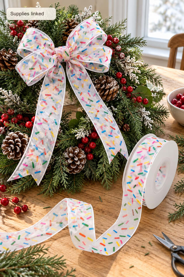Christmas Wreath Ribbon Bow | Rainbow Wired Craft Ribbon for Handmade Holiday Decor maker-lifestyle pin