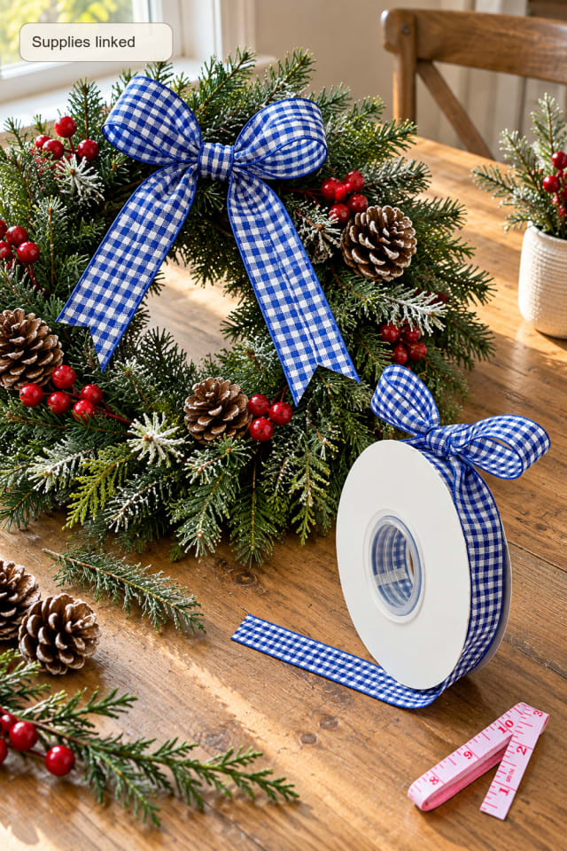 Christmas Ribbon Wreath Accent | White Wired Craft Ribbon for a Festive Craft Table maker-lifestyle pin