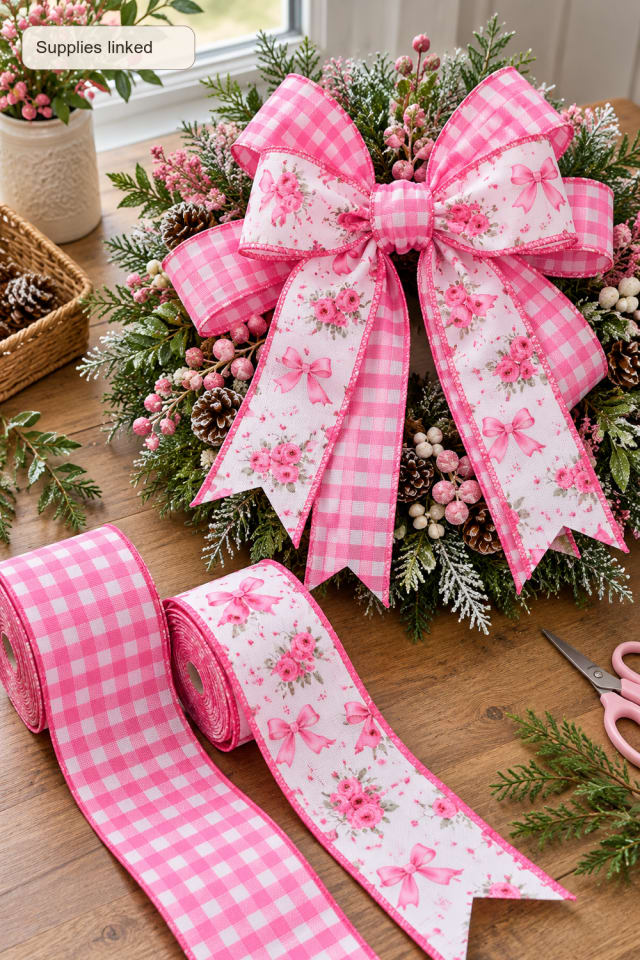 Holiday Wreath Bow DIY | Pink Burlap Wired Craft Ribbon for Christmas Craft Night maker-lifestyle pin