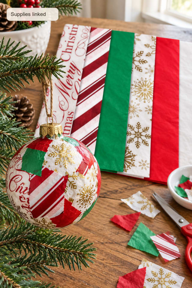 Paper-Covered Holiday Ornament | Red Decoupage Paper for Winter Crafting maker-lifestyle pin