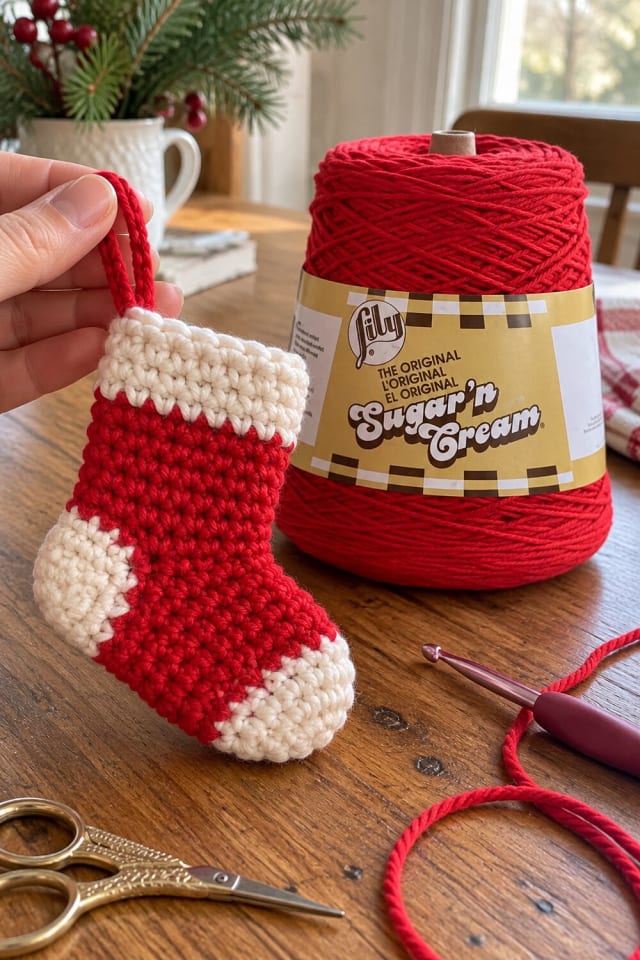 Crochet Stocking Ornament | Red Crochet Yarn maker-lifestyle pin