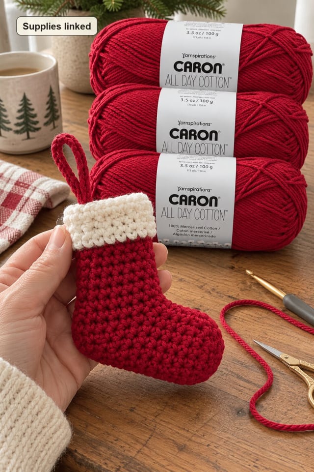 Crochet Stocking Ornament | Red Crochet Yarn for Handmade Holiday Decor maker-lifestyle pin