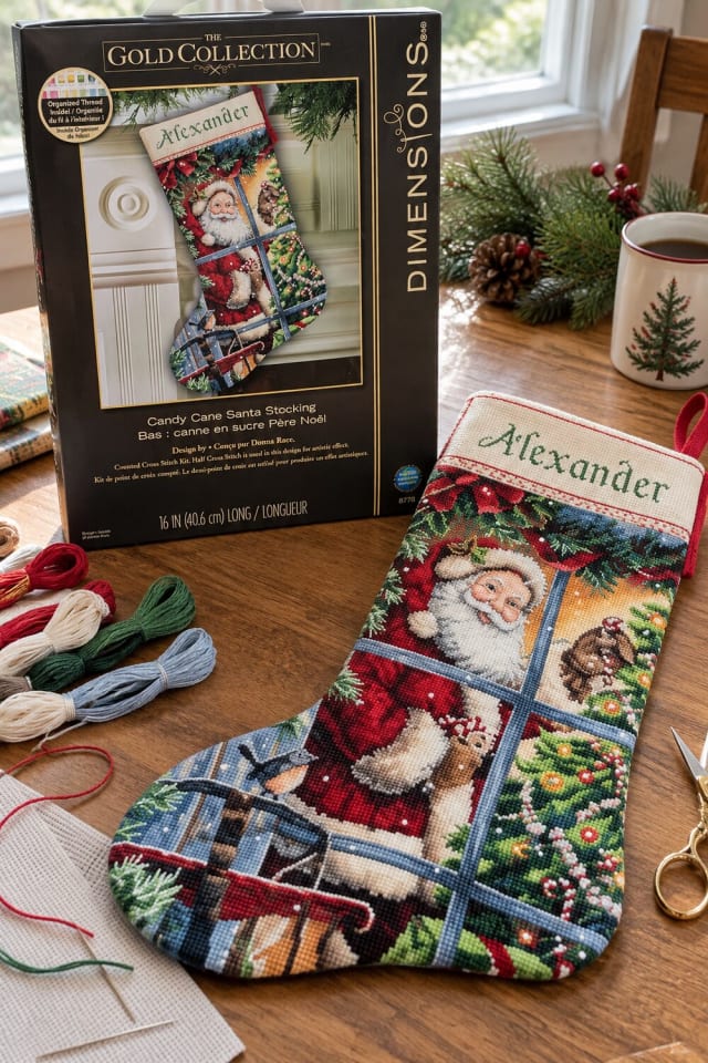 Hand Stitched Christmas Stocking | Counted Stitch Stocking Kit for Handmade Holiday Decor maker-lifestyle pin