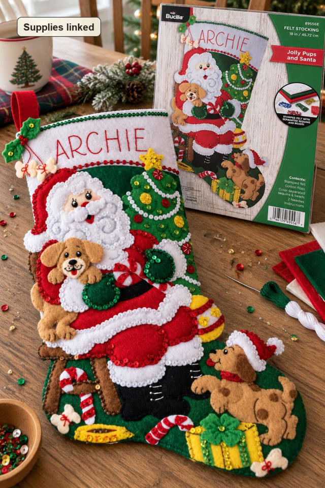 Hand Stitched Christmas Stocking | Felt Applique Stocking Kit for Seasonal Gift Making maker-lifestyle pin
