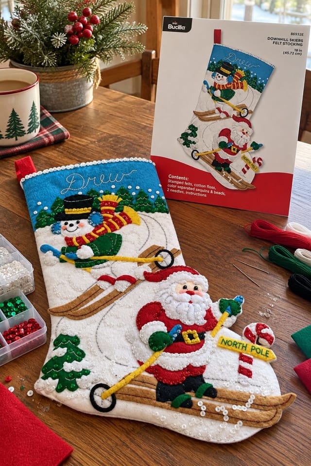 Hand Stitched Christmas Stocking | Felt Applique Stocking Kit for a Cozy Christmas Craft Night maker-lifestyle pin