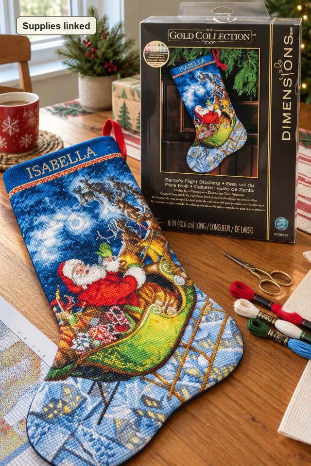 Hand Stitched Christmas Stocking | Counted Stitch Stocking Kit for a Cozy Christmas Craft Night maker-lifestyle pin