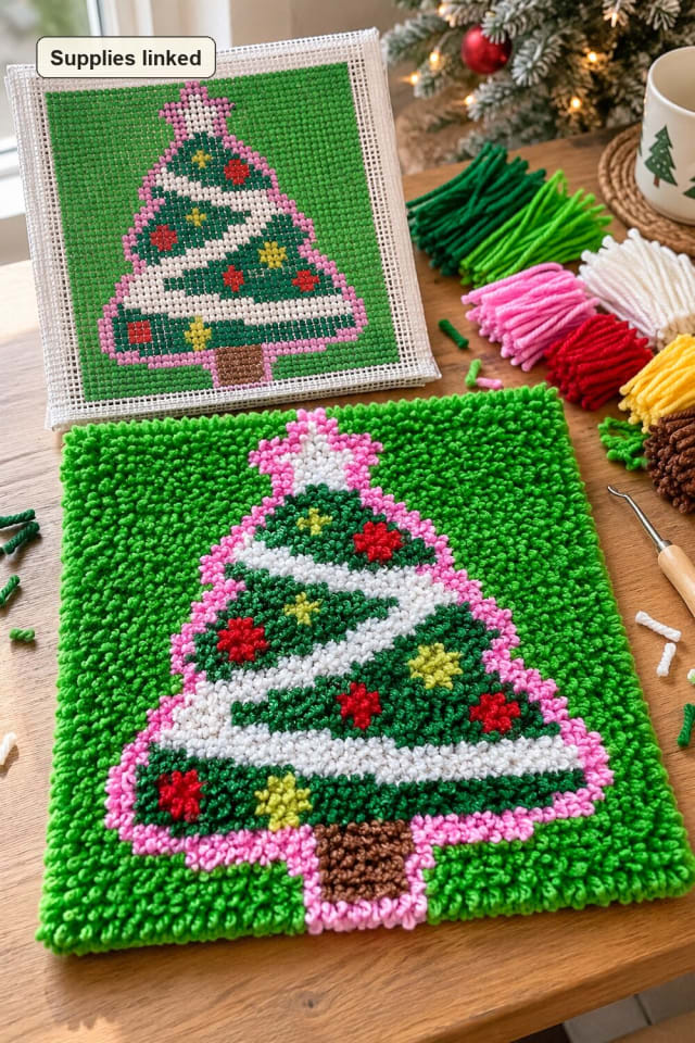 Christmas Tree Latch Hook Pillow | Latch Hook Craft Kit for Handmade Holiday Decor maker-lifestyle pin