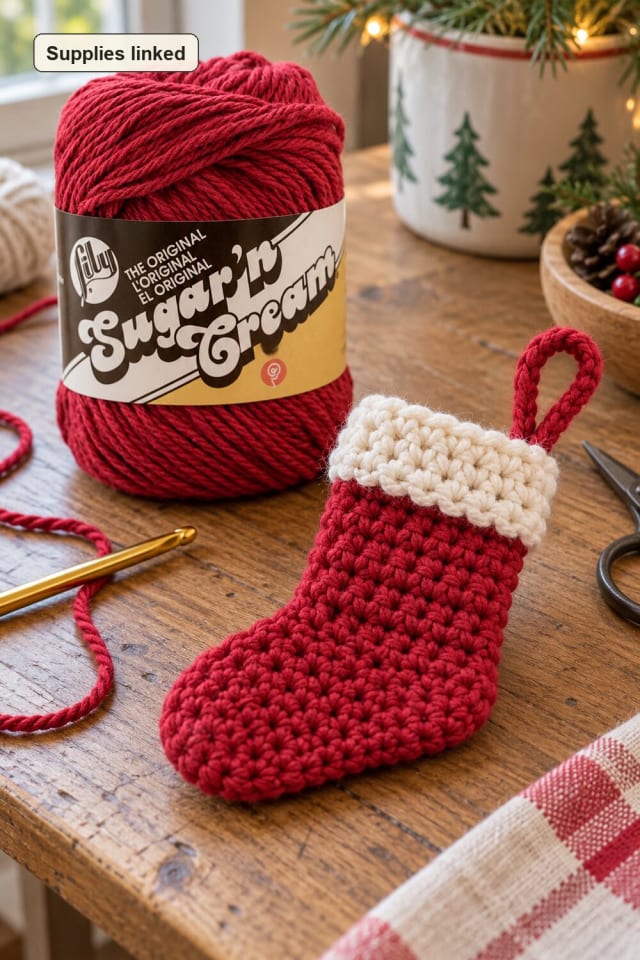 Crochet Stocking Ornament | Red Crochet Yarn for a Holiday Project Basket maker-lifestyle pin