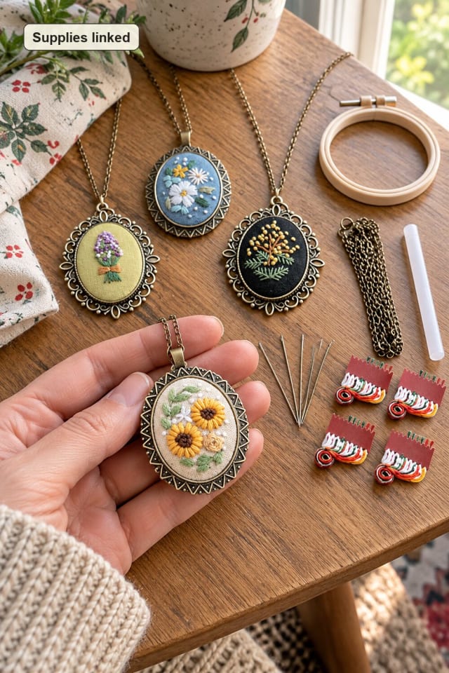 Embroidered Pendant Necklace | Mini Embroidery Pendant Kit maker-lifestyle pin