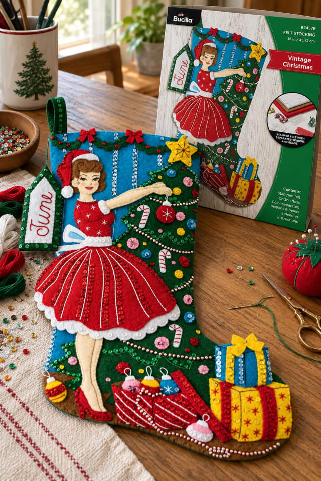Hand Stitched Christmas Stocking | Felt Applique Stocking Kit for a Holiday Project Basket maker-lifestyle pin