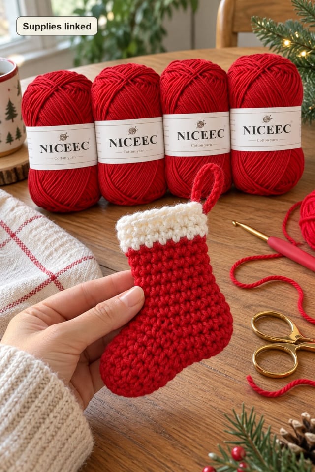Crochet Stocking Ornament | Red Crochet Yarn for a Handmade Tree maker-lifestyle pin