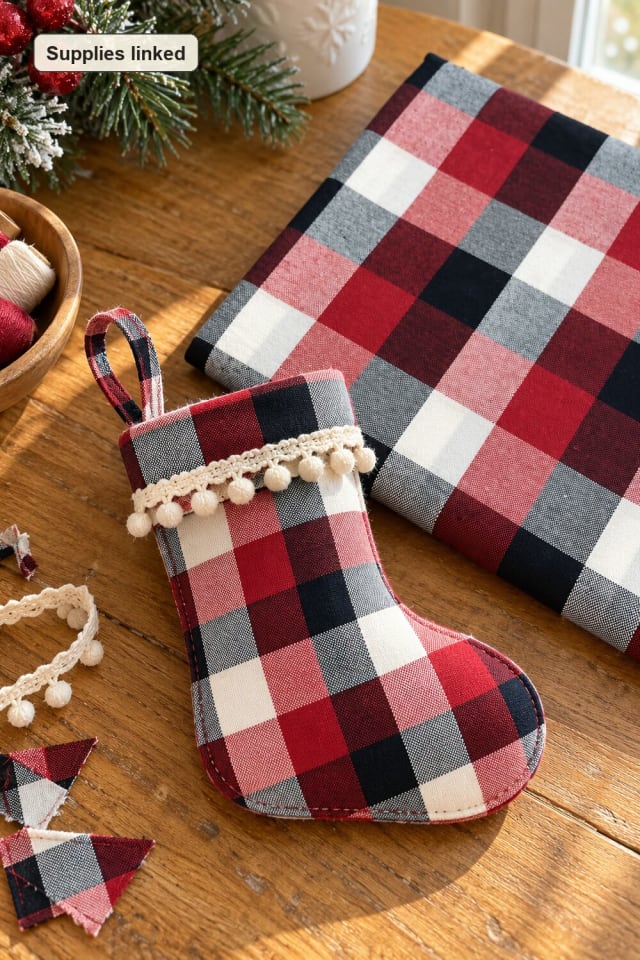 Patchwork Stocking Ornament | Red Quilting Fabric maker-lifestyle pin