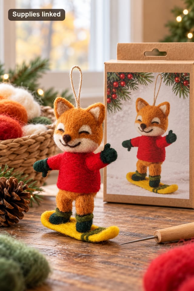 Snowboard Fox Christmas Needle Felting Ornament Kit | Needle-Felted Handmade Decor maker-lifestyle pin