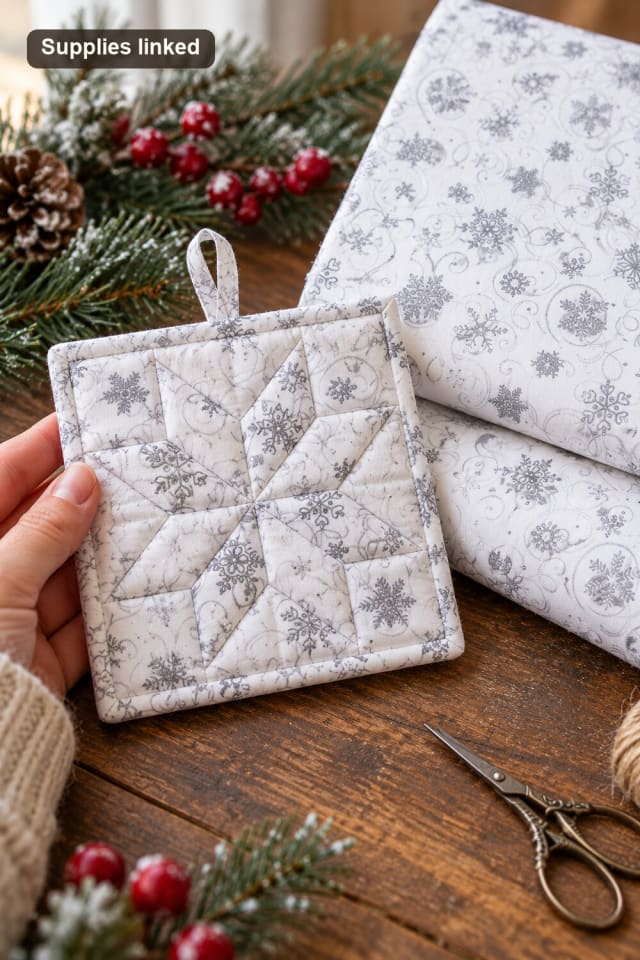 Christmas First Snowfall White Glitter Cotton Fabric | Quilting Fabric for Handmade Holiday Sewing maker-lifestyle pin