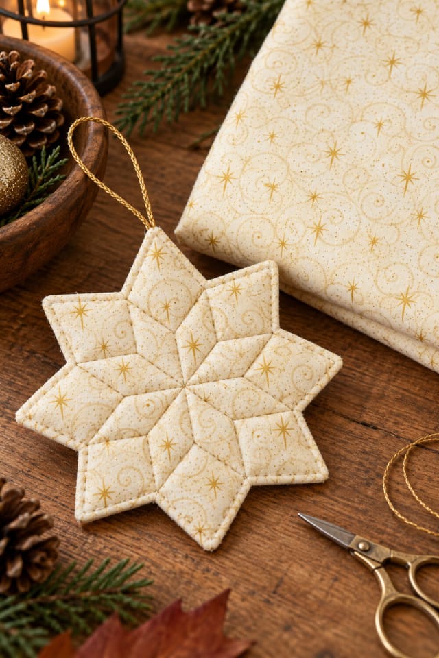 Gold Stars Cotton Fabric | Quilting Fabric for Handmade Holiday Sewing maker-lifestyle pin