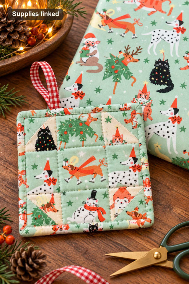 Festive Pets Cotton Quilting Fabric | Quilting Fabric for Handmade Holiday Sewing maker-lifestyle pin