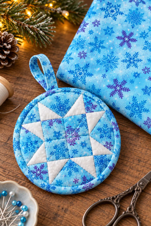 Light Blue Glitter Snowflake Cotton Fabric | Quilting Fabric for Handmade Holiday Sewing maker-lifestyle pin